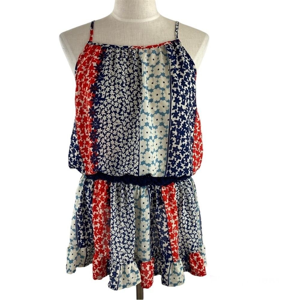 Vintage Havana Boho Floral Patchwork Romper‎ Women M Red Blue Americana Coastal